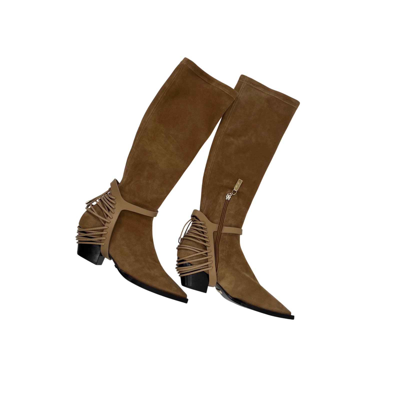 Daniella Shevel Tan Suede Tall Boots Lace Up Heel Harness Pointed Toe Sz 38 Nwot — image 7 of 8